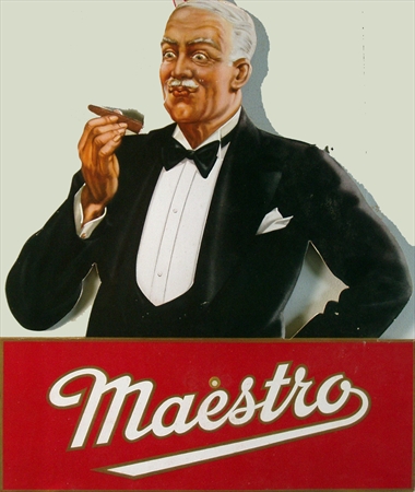 Original vintage poster. Maestro Cigares, (Maëstro Cigars). Original indoor window card for cigars. The original lithographs are on a thin cardboard backing with easel to allow for this type of display. Size is: 14.25" x 17.25" Excellent cond