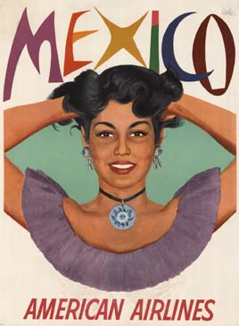 travel Mexico woman holding her hair up, medican medallion, linen baked,original poster, American Airlines