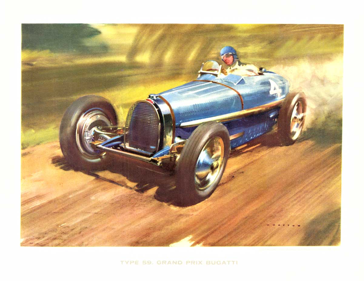 Original Type 59. Grand Prix Bugatti. Linen-backed, horizontal format, fine condition. <br> <br>This is an original small format type 59. Grand Prix Bugatti sports car print from 1958. It has been archivally mounted on linen. Fine condition, ready to f