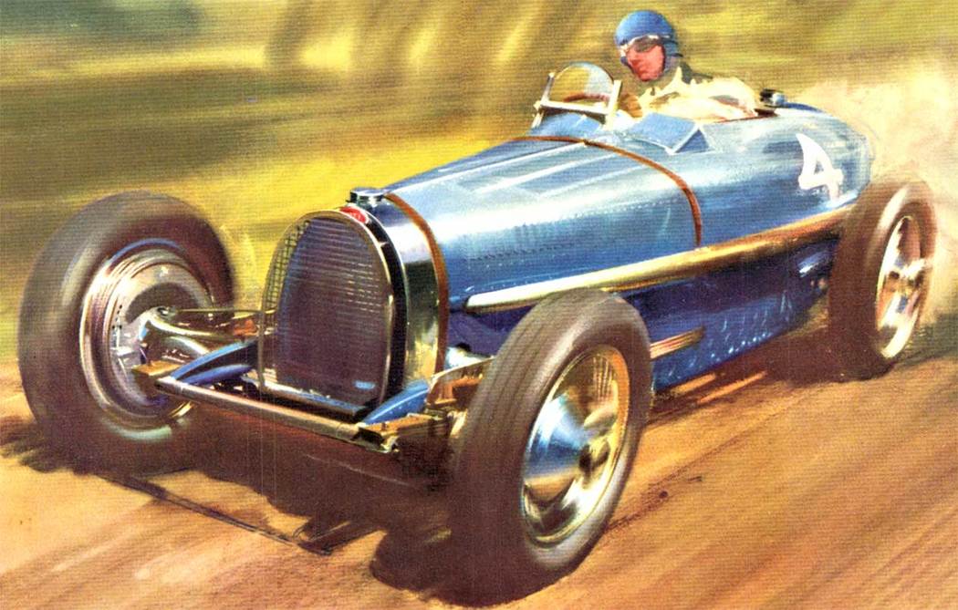 Original Type 59. Grand Prix Bugatti. Linen-backed, horizontal format, fine condition. <br> <br>This is an original small format type 59. Grand Prix Bugatti sports car print from 1958. It has been archivally mounted on linen. Fine condition, ready to f