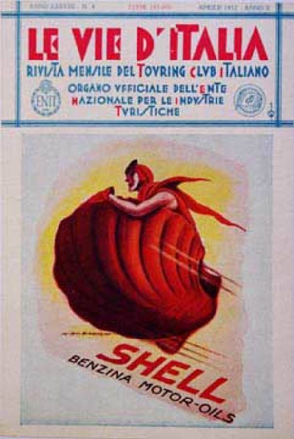 Le Vie d'Italia magazine cover featuring a man riding a red clam shell. Advertising Shell oill Co.