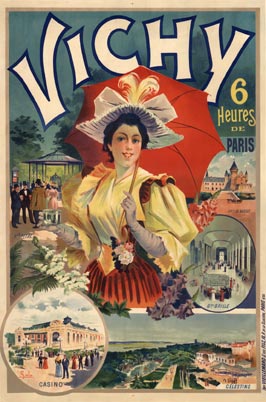 French poster, vichy france, travel poster, turn of the century, art nouveau design, lady, hotel, spa, beach,
