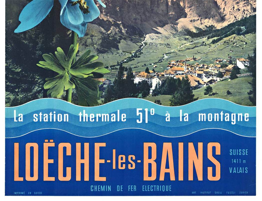large blue flowers, mountain ranges, ciity of Loeche les bains, Swiss poster, linen backed,