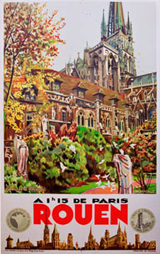 French travel poster to the City of Rouen, linen backed, fine condition. Old Gothic buildings of the city and more along the bottom.