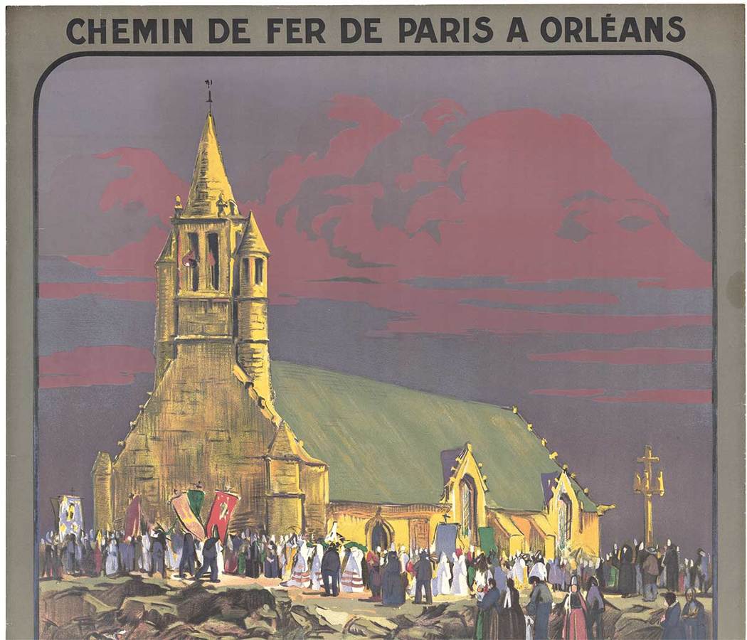 Lovely original French travel poster. The colors are brilliant! Chapelle de la Joie. <br>Circuit Automobile au Depart de Quimper. Chmin de Fer de Paris A Orleans. Printed by Lucien Serre & Cie.