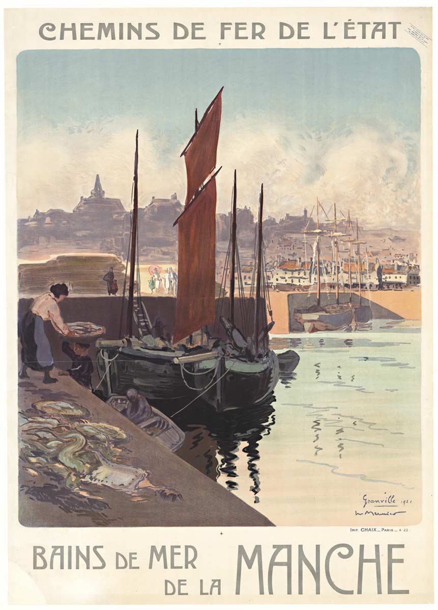 Beautifully printed by Jules Cheret's CHAIX. It shows a lady with the catch of the day along side the small fishing boat. The 'baths of the sea'. Travel by train to come and visit the west coast beaches of France.