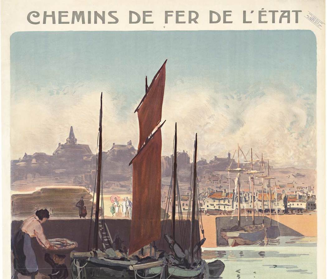 Beautifully printed by Jules Cheret's CHAIX. It shows a lady with the catch of the day along side the small fishing boat. The 'baths of the sea'. Travel by train to come and visit the west coast beaches of France.