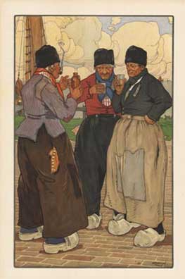 3 men standing on a dock drinkiing, wooden shoes, Dutch poster, Famous artist, linen backed, original poster, fine condition