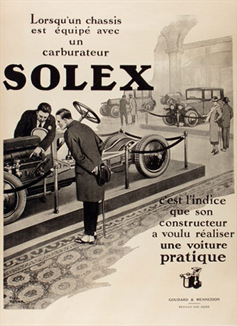 automobile chasis, Solex, French poster, automotive poster, early car buying,, black and white, 1930's automobile art