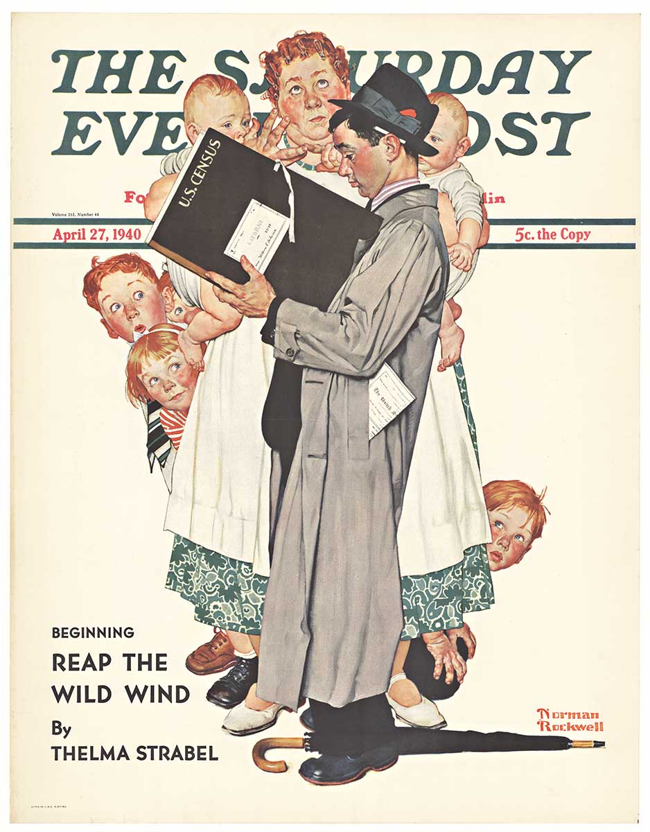 Saturday Evening Post poster, linen backed, original, rare, fine condition. Mother with a 2 babies, one in each hand and 3 other red headed children. Census taker. Rare original. Norman Rockwell