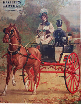 An ad for a livery showing a pretty woman, and a pretty horse on a pretty carriage