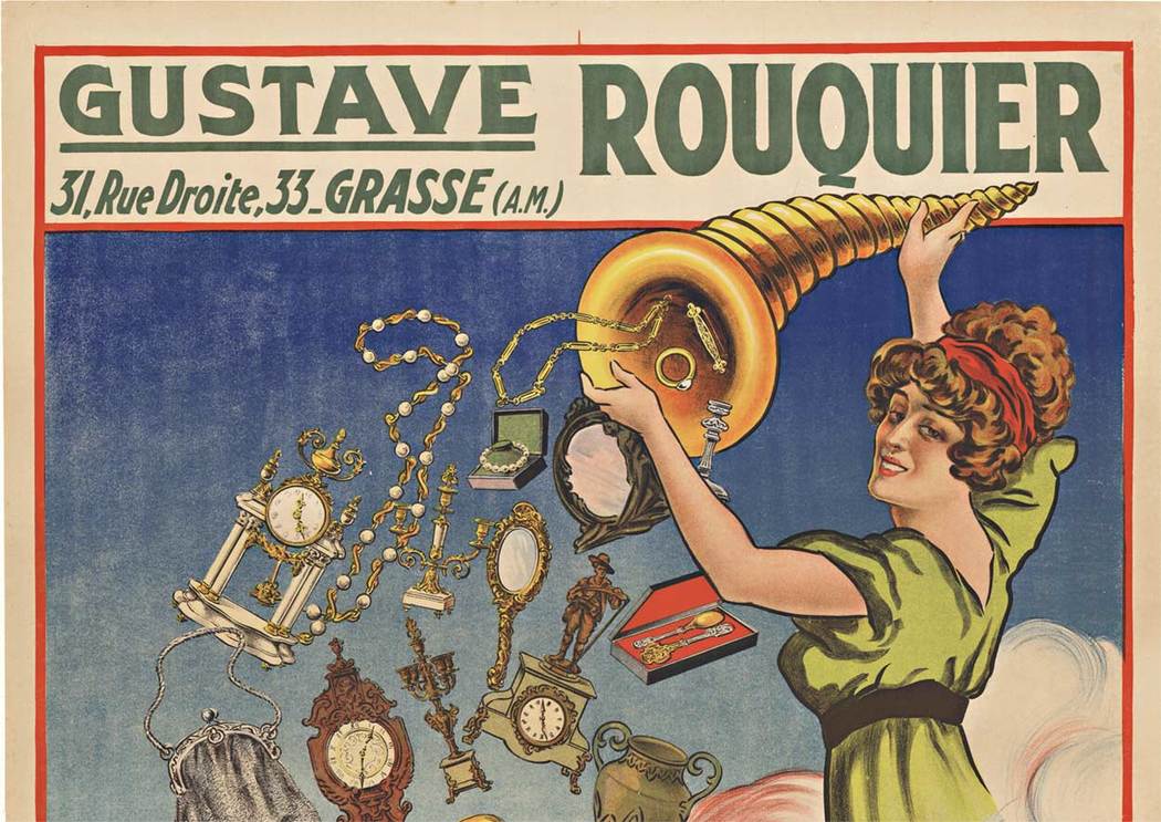 Original turn of the century French poster: Gustave Rouquier turn of the century stone lithograph for jewelry. Artist: Charles Naillod. Size: 47" x 63". This antique art nouveau authentic vintage poster is archival linen backed and ready to frame.