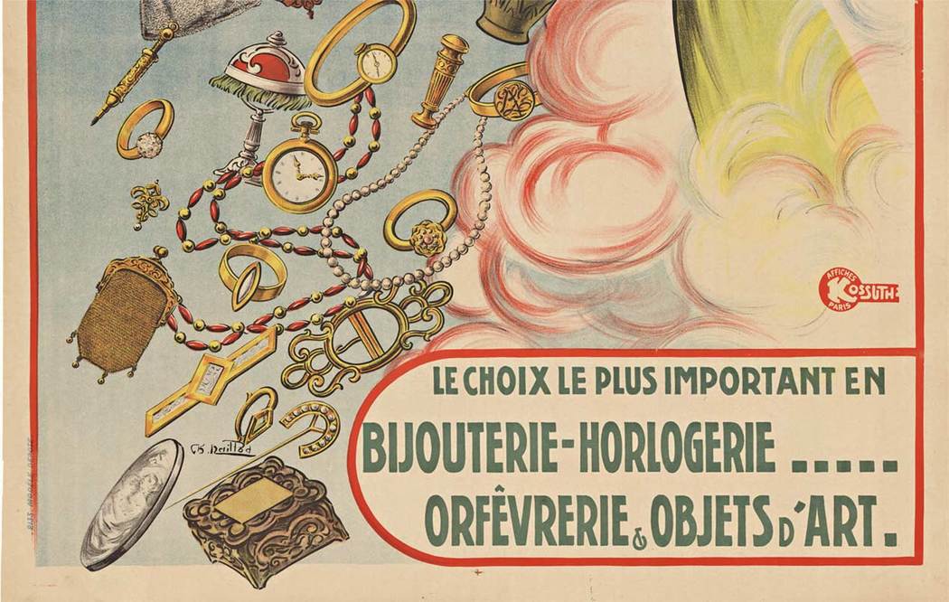 Original turn of the century French poster: Gustave Rouquier turn of the century stone lithograph for jewelry. Artist: Charles Naillod. Size: 47" x 63". This antique art nouveau authentic vintage poster is archival linen backed and ready to frame.