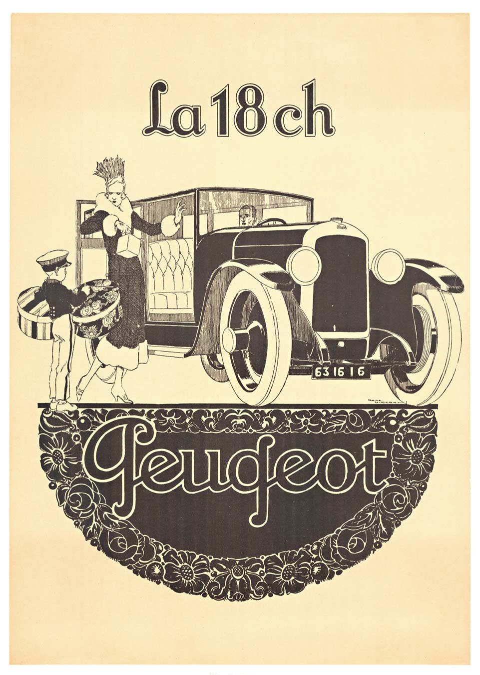 La 18 ch Peugeot. Archival when linen backed art deco early antique French automobile poster. Artist Rene Vincent. <br> <br>Rare Rene Vicnent automobile poster. Black and white posters are a rarity as far as vintage posters are concerned. The original 
