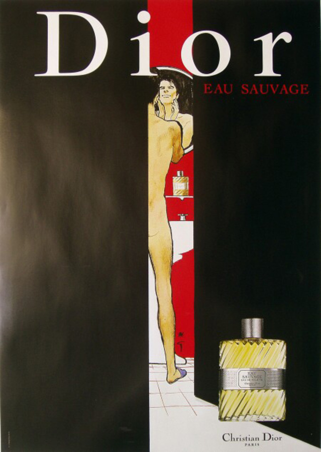 Christian Dior "Shaving" standing in the doorway. Artist: Rene Gruau. Size: 46" x 67.76: Archival linen backed, ready to frame. Excellent condition authentic original. <br> <br>Gruau was most famous for his beautiful women in the Moulin Rouge and