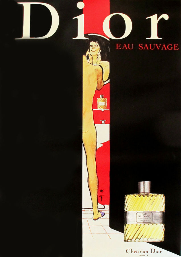Christian Dior "Shaving" standing in the doorway. Artist: Rene Gruau. Size: 46" x 67.76: Archival linen backed, ready to frame. Excellent condition authentic original. <br> <br>Gruau was most famous for his beautiful women in the Moulin Rouge and
