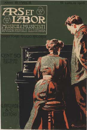 piano, woman on a stool, man standing, linen backed, Italian