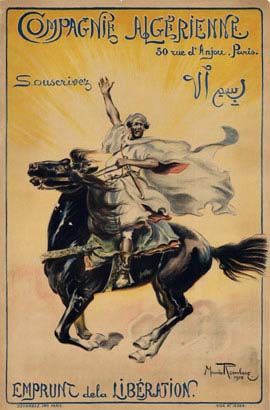 Original. Mounted on acid free archival linen. <br>Compagnie Algerienne Emprunt de la Liberation <br>Fabulous French WWI poster...This one has been archivally mounted on linen. It's in great shape.. A man in Algerian dress on horseback. Algeria and Frenc