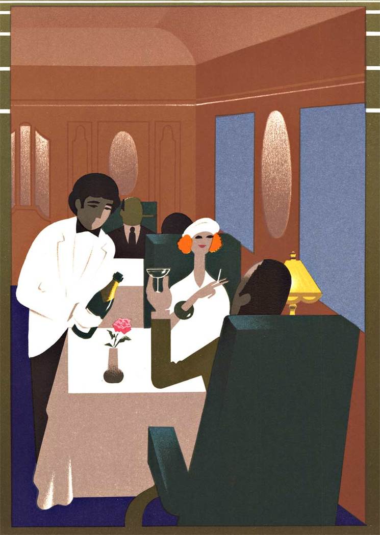 people eating, dining car, train, Orient Express, original poster, travel poster, art deco