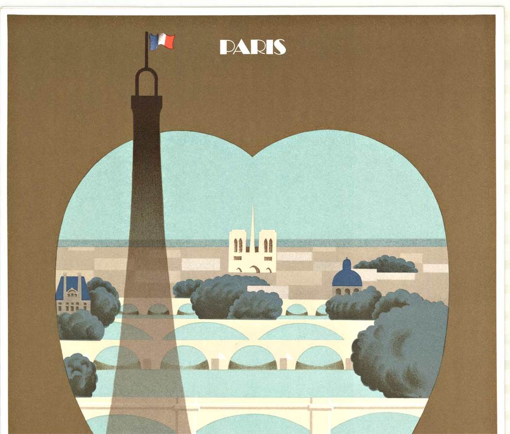 Original: Paris Venice Simplon. Orient Express - heart. Inside the heart you have the Eiffel Tower rising in the sky with the French flag. A lovely poster with romantic charm advertising the sights to see if you take the Orient Express to get there