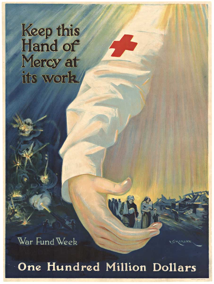 protective hand of red cross, war, poor people, war ravaged land, original, military poster, red cross