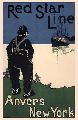 Advertisement for a ship line. Sailor is waiting on shore for ship.