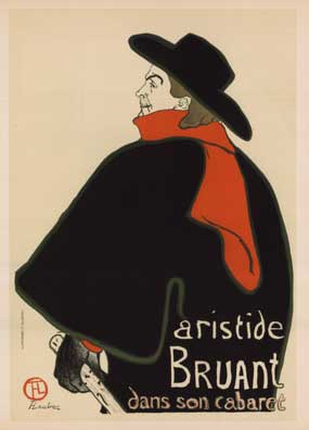 French poster, Aristide Bruant, turn of the century, art nouveau, Toulouse-Lautrec, old poster, performer, black red cream, small format, cabaret,