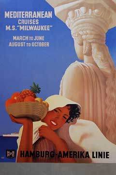 German Hapac travel poster, art deco, 1930’s, linen backed, original poster, Greek status, girl with fruit