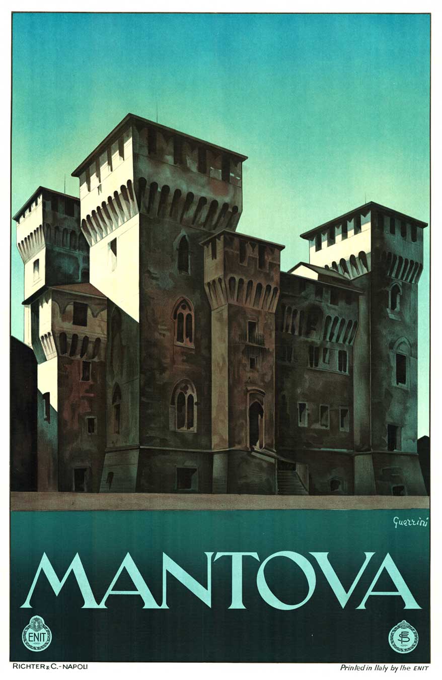 old castle walls of Manova, full lithograh, Italian travel poster, linen backed, excellent condition