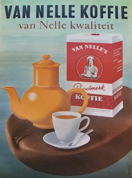 Van Nelle Koffie, original, archival linen backed. Dutch coffee poster. <br> <br>The coffee, coffee pot and a normal size cup of coffee are sitting on on a large coffee bean that is acting as a table. Poster is in great condition. Its simplicity lends 