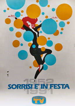 Italian poster, linen backed, woman dancing with balloons, television festival, great price, famous artist
