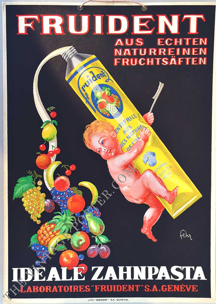 A friuty toothe paste being advertised by a youngster who is squeezing a huge tube of fruity goodness.