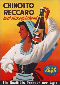 Original Swiss poster with a woman holding a ottle of Chinotto Reccaro on her shoulder. Printed in Switzerland, linen backed, very good condition original vintage poster
