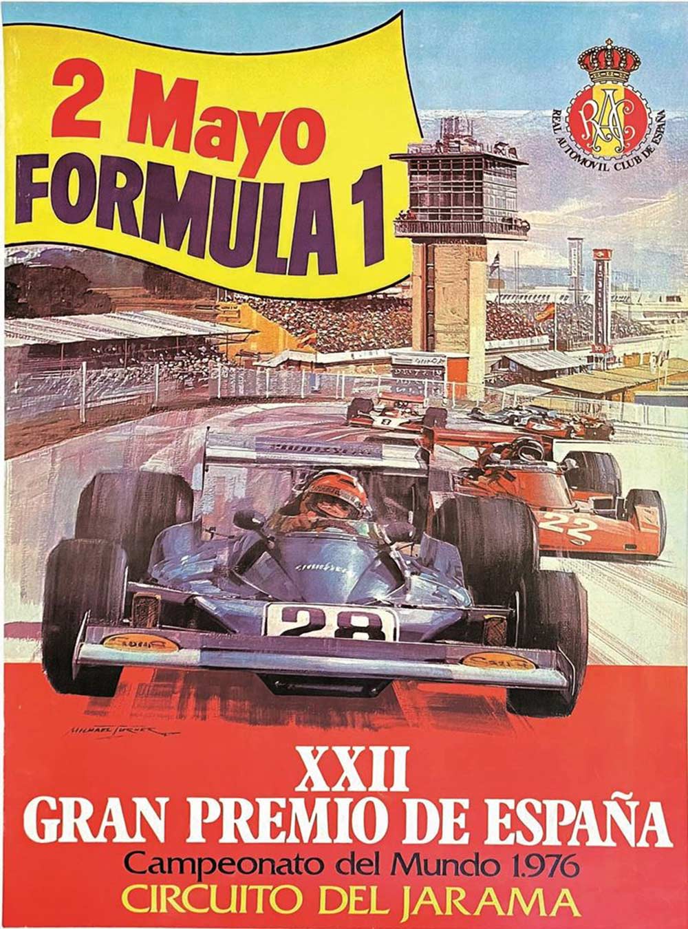 Gran Premio de Espana; April 1975 Gran Premio Formula 1. artist Michael Turner, size: 26.5" x 38". Year: 1975. Archival linen backed original Spanish racing poster. <br> <br>April 1975 Gran Premio Formula 1 <br> <br>Montjulich (Spain). <br>Formula 