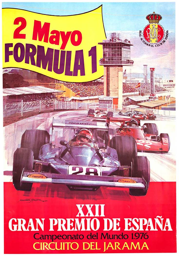 Gran Premio de Espana; April 1975 Gran Premio Formula 1. artist Michael Turner, size: 26.5" x 38". Year: 1975. Archival linen backed original Spanish racing poster. <br> <br>April 1975 Gran Premio Formula 1 <br> <br>Montjulich (Spain). <br>Formula 