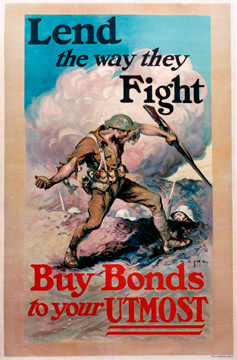 Lend the way they Fight <br>Buy Bonds to Your Utmost <br>Here we have a Doughboy bayoneting a German offstage right with a grenade in left hand, German helmets below. Poster designer Ashe was noted for his industrial paintings, especially of steel mills. 