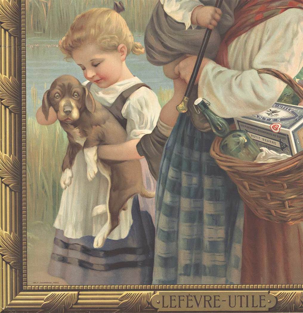 woman, baby, child, dog, basket, art nouveau, French poster,