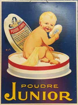 A naked little baby frolics in a flat of Junior Powder. Talc for kids a good idea!