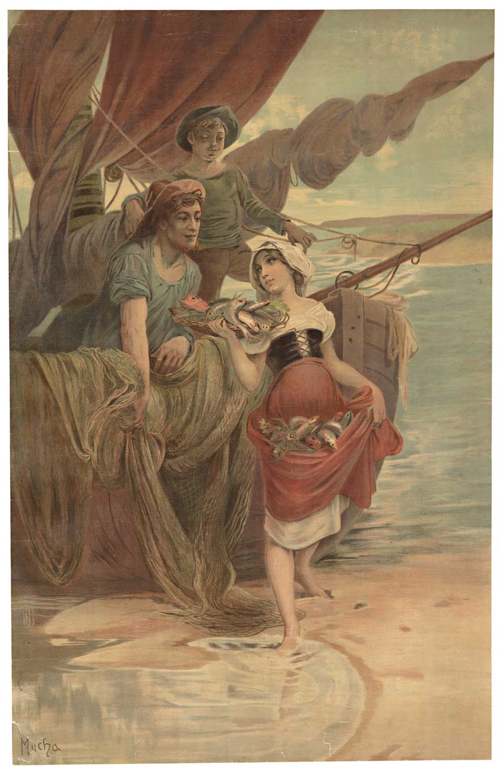 rare Mucha decorative panel. Women with fish next to an old fishing boat, sea side, linen backed, A- / B+ condition. Very Rare
