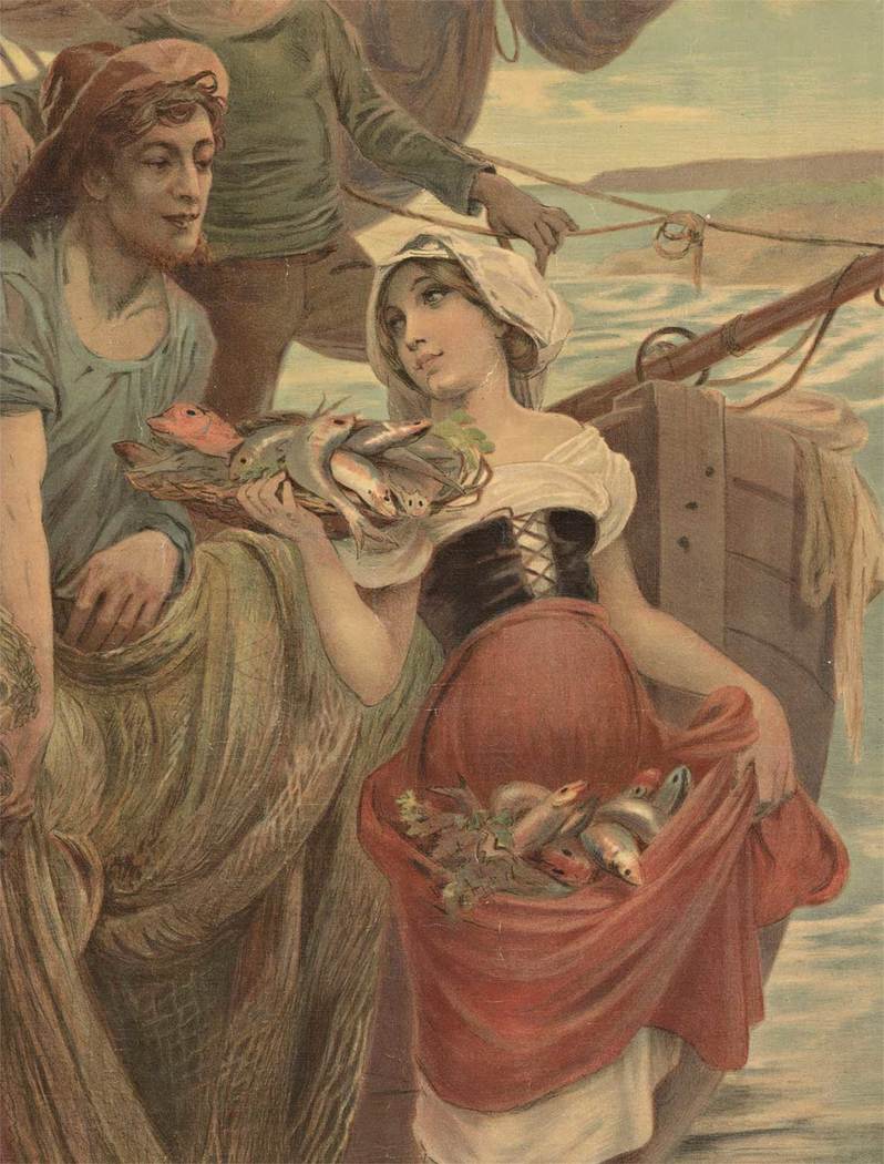 rare Mucha decorative panel. Women with fish next to an old fishing boat, sea side, linen backed, A- / B+ condition. Very Rare