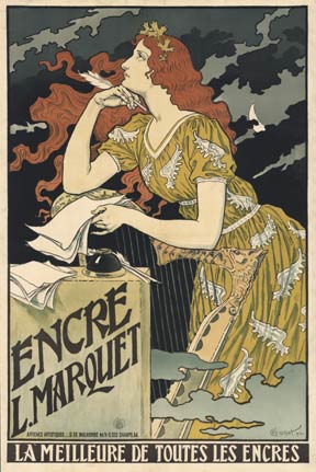 Encre L. Marquet original vintage poster from 1892. Linen backed. Very good condition. La Meilleure de Toutes les Encres. This contemplative woman looks into the distance, quill poised, as she ponders how best to translate her inner-most thoughts to