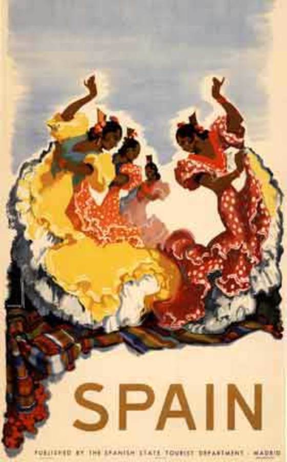 Spain (women dancing) originnal vintage lithograph, vintage travel poster. Artist: Jose Morell. Circa 1938; size 24.5" x 39". . Original travel stone lithograph poster linen backed and in great condition. This great tourism vintage poster feat