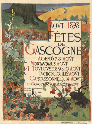 August 1898. Festival of Gascogne 1898 - Carcassone - Toulouse - Montauban - Cassan Fils Toulouse. . Gorgeous colors saturate this poster, with flowers and vines surrounding the news of an upcoming festival. The painterly style is unusual for such a po
