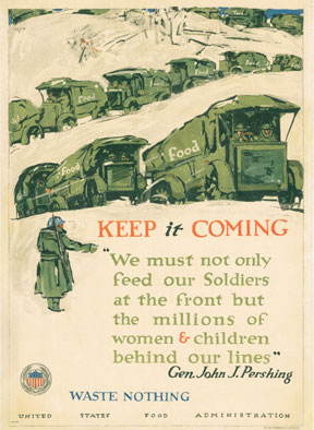 convoy of trucks, food, soldier, linen backed original WW1 poster, fine condition.