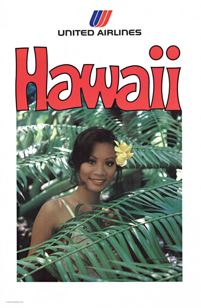 Original United Airlines Hawaii travel poster. <br>Linen backed, excellent condition. Ready to frame. <br> <br>Bill bright lettering: HAWAII showing a local beauty hidiing behind some tropical palm frons. <br> <br>This is an original travel poster issu