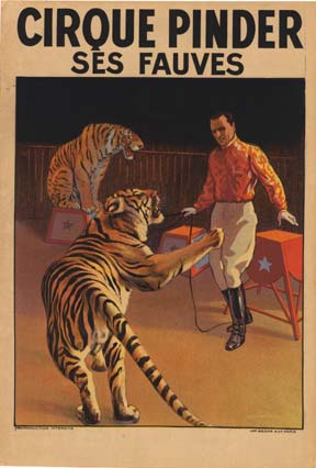 2 tigers, lion tamer, circus poster, linen backed, fine condition.