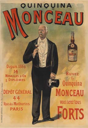 Original turn of the century poster. Features a man holding his top hat an a small martini style glass in his hand. French stone lithograph, linen backed, very good condition.
