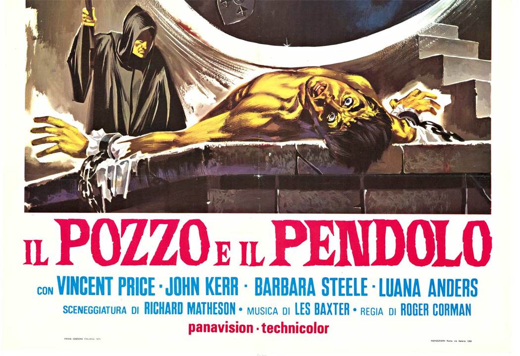 Italian movie poster, Vinent Price, sharp pendelumn, man in a ape, torh, man tied to a table, linen backed