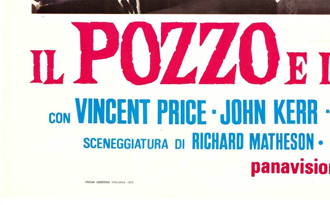 Italian movie poster, Vinent Price, sharp pendelumn, man in a ape, torh, man tied to a table, linen backed
