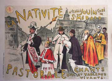 Advert for a play, La Nativite Pastorale. A motley group of people walking down the street.